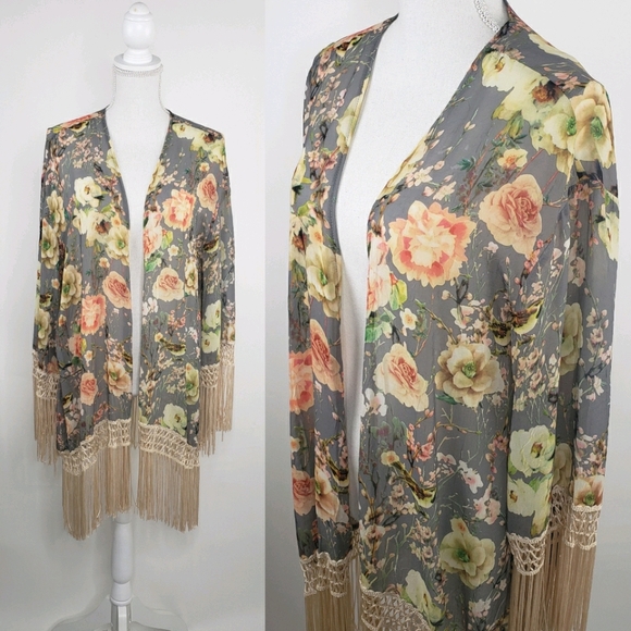 Sans Souci Sweaters - NWT Boho Sheer Floral & Birds Kimono with Fringe